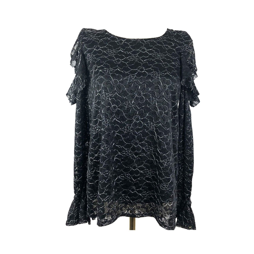 CAROLINA‎ BELLE Lace Top Womens M Black Cold Shoulder Silver Thread Blouse LS